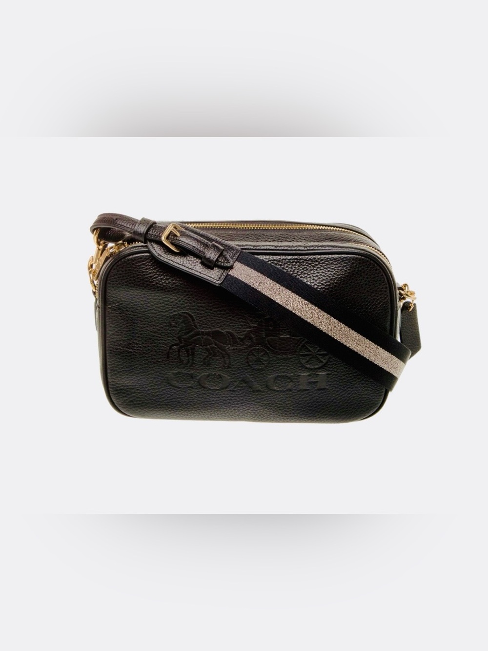 Coach Black Jes Pebbled Leather Camera Crossbody with Stripe Strap